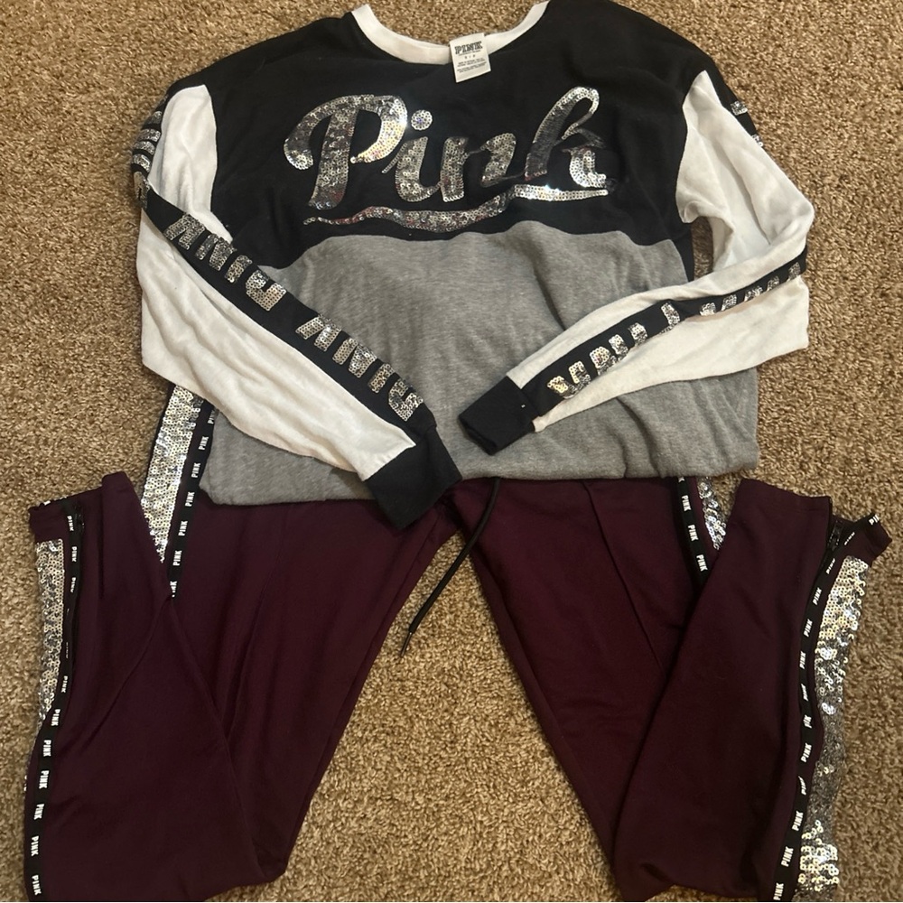 PINK Victoria's Secret Burgundy and Sequin Joggers Sz S  top and leggings